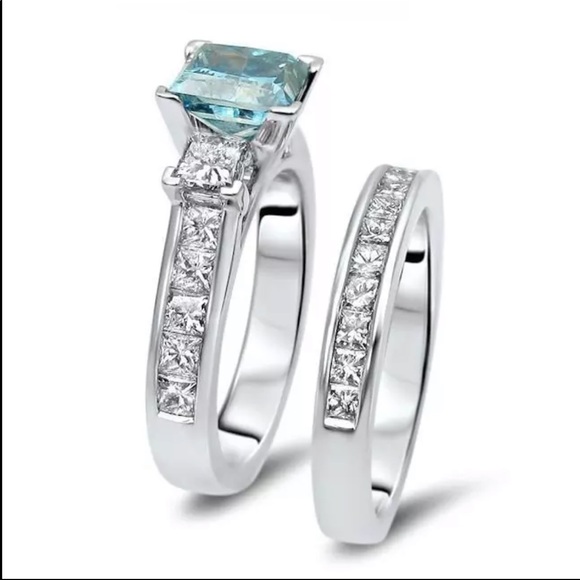 New 925 Silver Princess Cut Aquamarine Ring - Picture 3 of 4